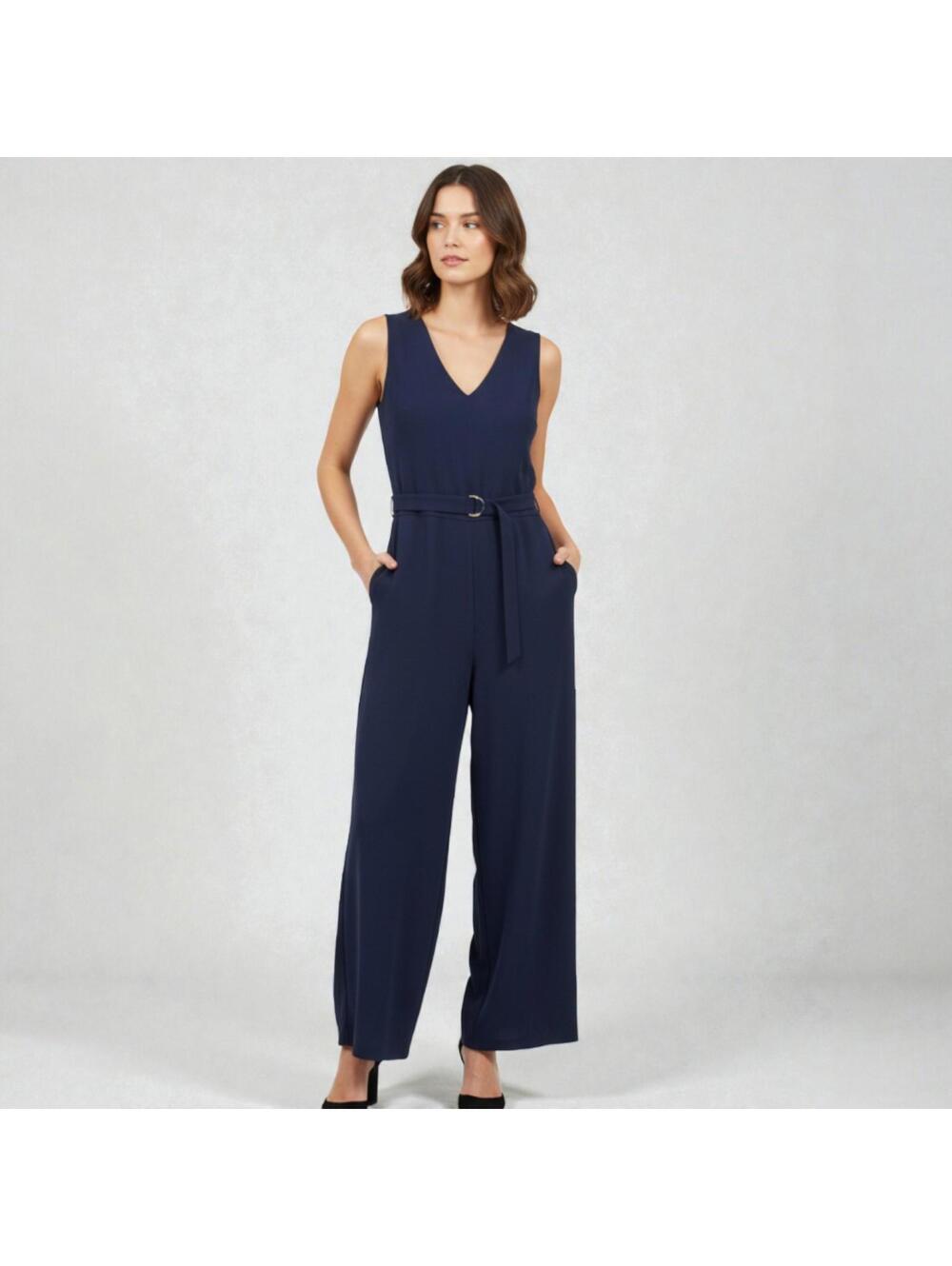 MICHAEL Michael Kors Navy Blue Stretch-Crepe Jumpsuit Belted 2 NWT Wide Leg